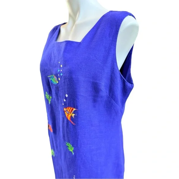 Cobalt Blue Linen Blend Fish Embroidered Shift Dress Coastal 16P - Picture 3 of 11